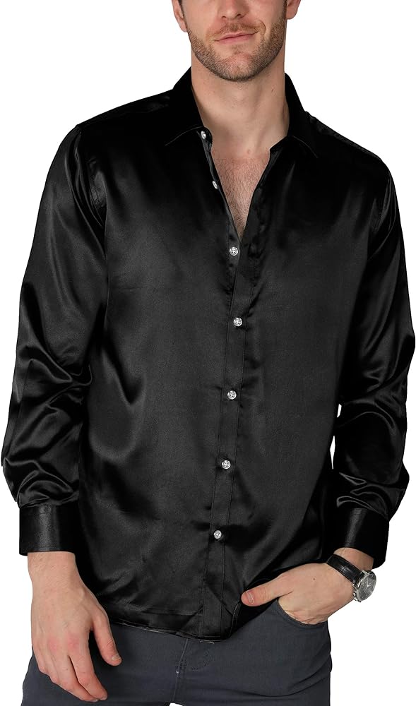 VICALLED Men's Satin Luxury Dress Shirt Slim Fit Silk Casual Dance Party Long Sleeve Fitted Wrinkle Free Tuxedo Shirts