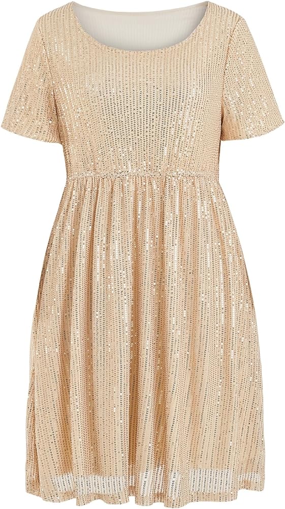 Wenrine Women's Sequin Plus Size Mini Dress Short Sleeve Scoop Neck Pleated A Line Cocktail Party Dresses