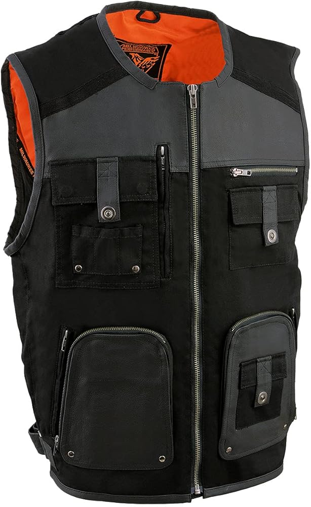 Milwaukee Leather MPM3310 Men's 'Super Utility' Black Leather and Canvas Multi-Pocket Vest