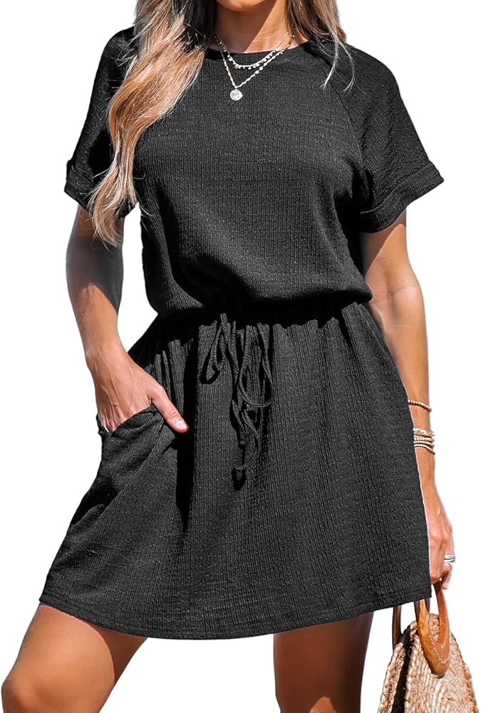 CUPSHE Women's Drawstring Waist Mini Dress Short Sleeves Round Neck