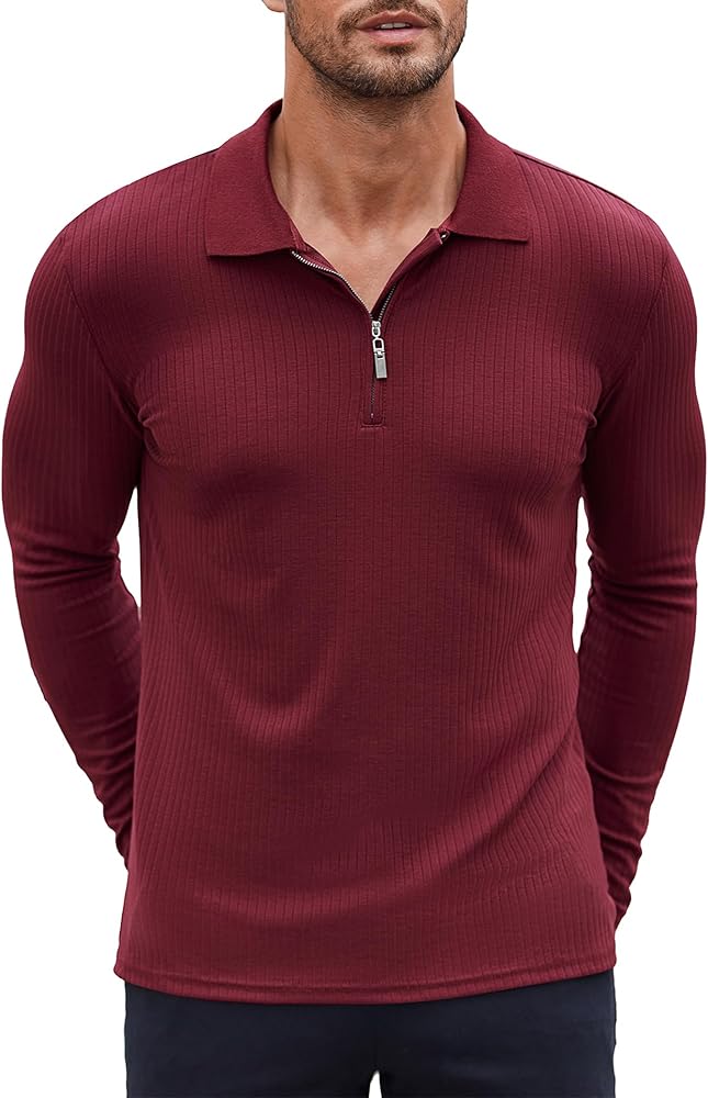 COOFANDY Men's Muscle T Shirts Long Sleeve Quarter Zip Polo Shirts Stretch Slim Fit Workout Tee