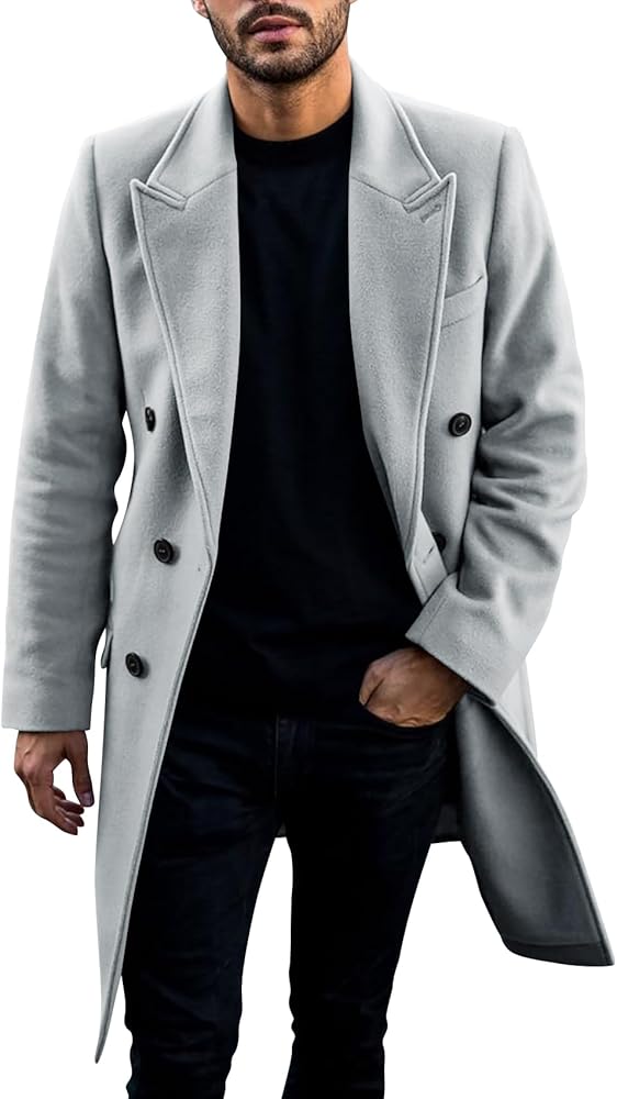 PASLTER Mens Trench Coat Mid Long Double Breasted Slim Fit Peacoat Notched Lapel Winter Business Overcoat