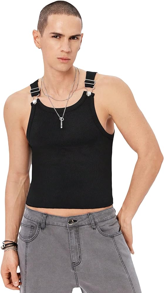 Verdusa Men's Sleeveless Scoop Neck Button Fly Adjustable Strap Knit Tank Crop Tops