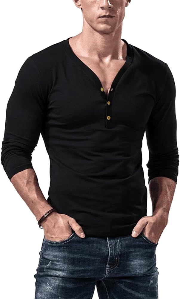 Men's Slim Fit Henley Shirts Long Sleeve with Deep V Neck