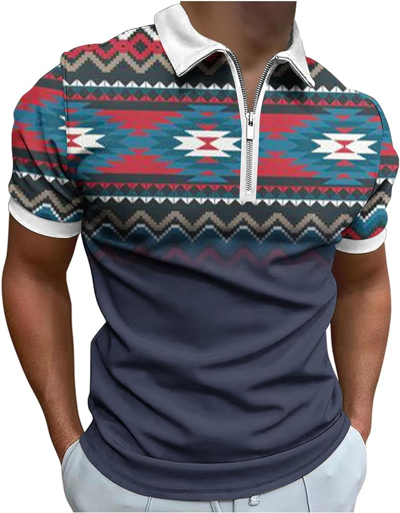 Men Classic Short Sleeve Zip Up Polo T-Shirt Casual Summer Slim Fit Western Aztec Tee Ethnic Print Graphic T Shirts Golf Tops