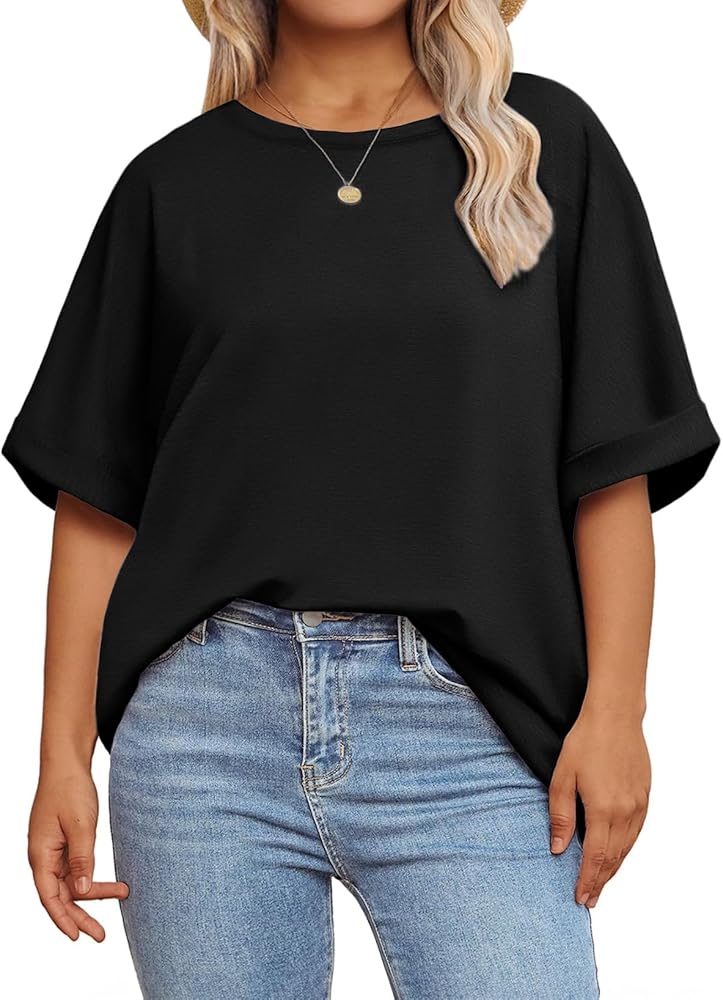 Eytino Womens Plus Size T Shirts Oversized Crewneck Short Sleeve Summer Tops Loose Fit Basic Tee Shirts Casual Blouse(1X-5X)