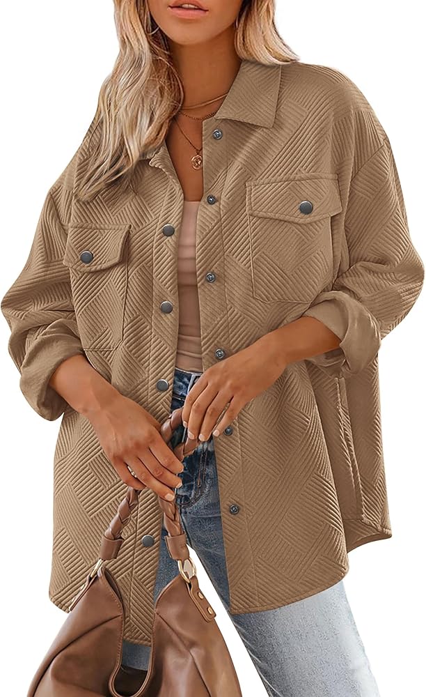 PRETTYGARDEN Women's 2024 Button Down Shacket Jackets Fall Clothes Collared Long Sleeve Textured Loose Casual Fashion Shirts