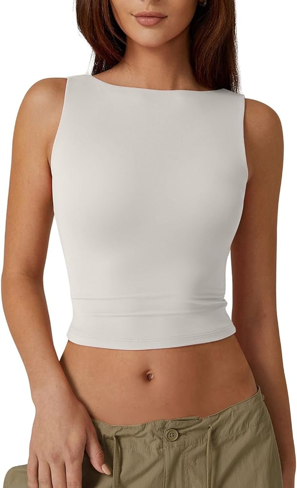 QINSEN Women's Sexy Open Back Sleeveless Crop Tank High Neck Slim Fit Cropped Tee Shirt Y2k Tops