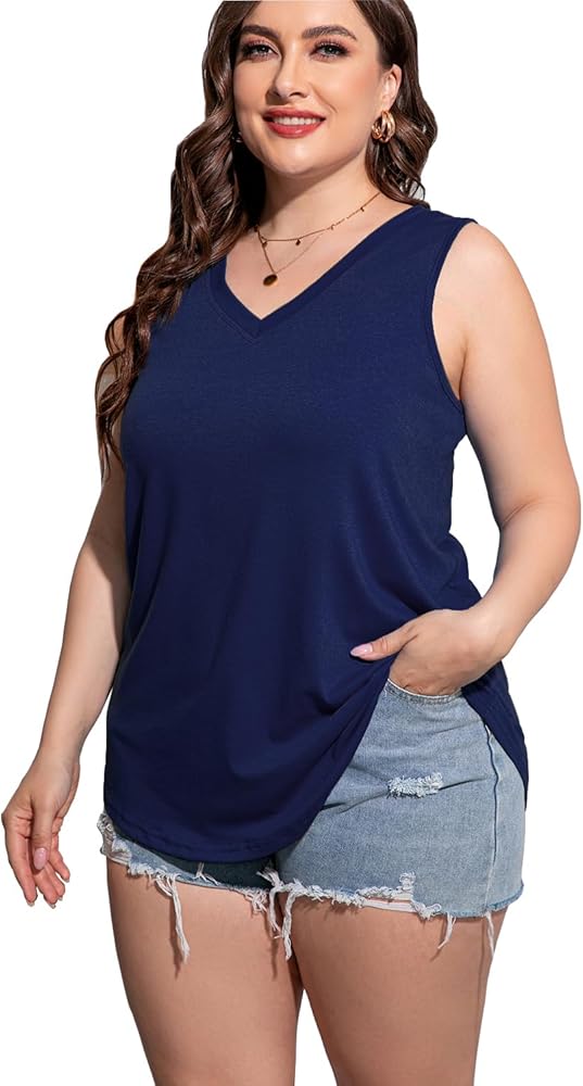 Plus Size Sleeveless Tops Women Casual Summer Sleeveless Loose Fit V Neck Ladies Basic Tshirt