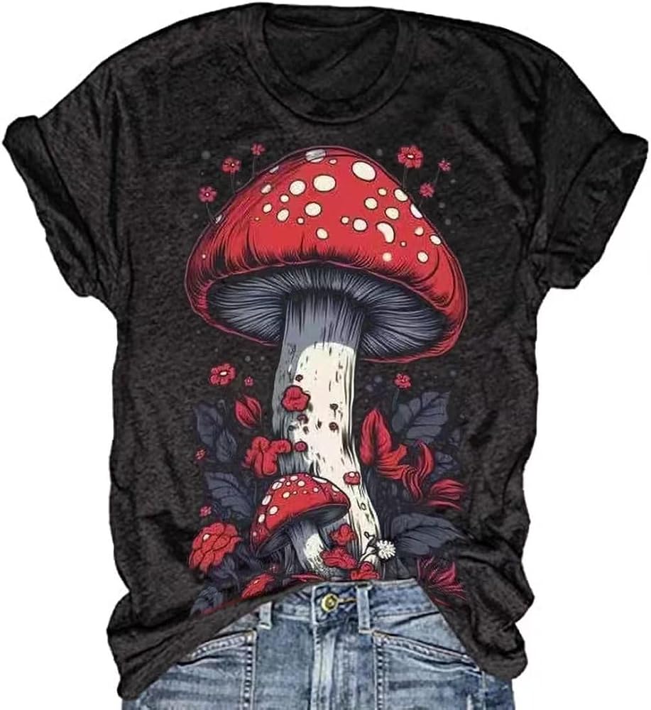 Mushroom T-Shirt for Women Funny Cute Vintage Mushroom Graphic Tees Tops