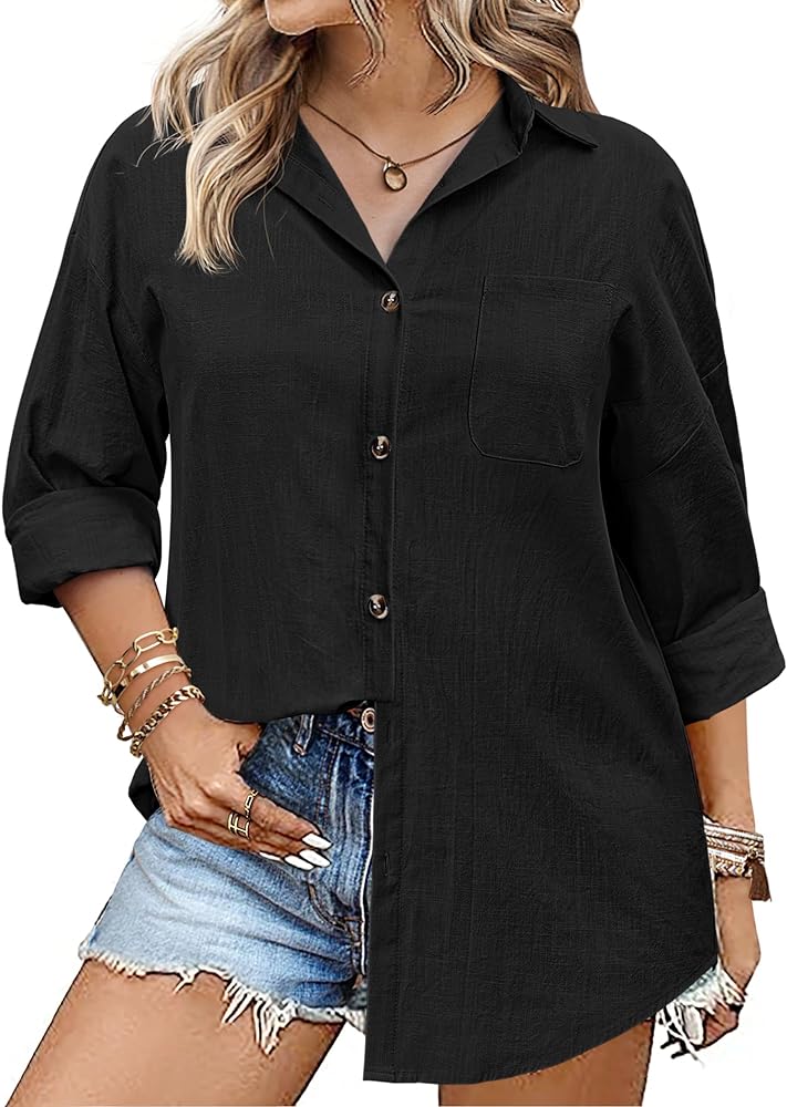 IN'VOLAND Womens Plus Size Linen Button Down Shirts Long Sleeve Cotton Casual Collared Shirt Loose Blouses Tops with Pocket