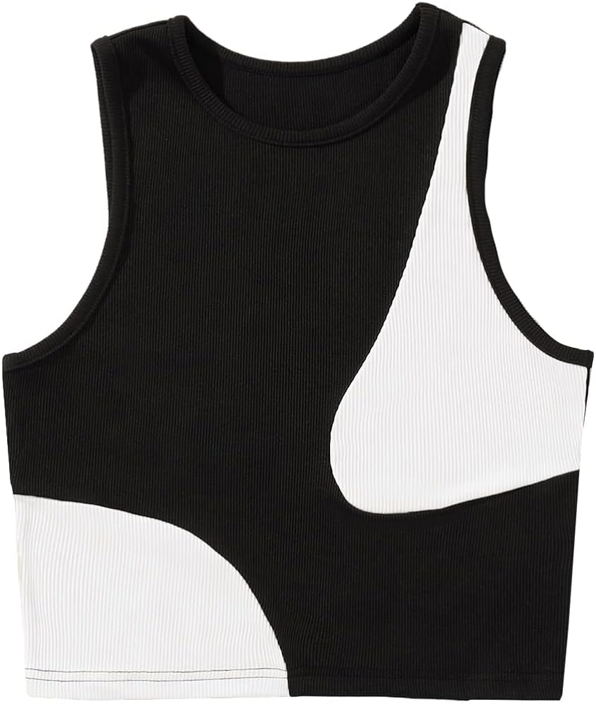 Verdusa Women's Color Block Round Neck Sleeveless Ribbed Crop Tank Top