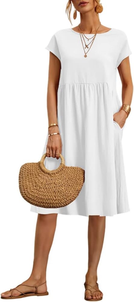 Cotton Dresses for Women 2024 Women's Summer Short Sleeve Midi Dress Casual Loose Beach Dress with Pockets