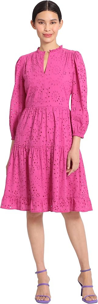 Maggy London Women's Mini Ruffle Mock Neck Eyelet Dress with Tiered Skirt