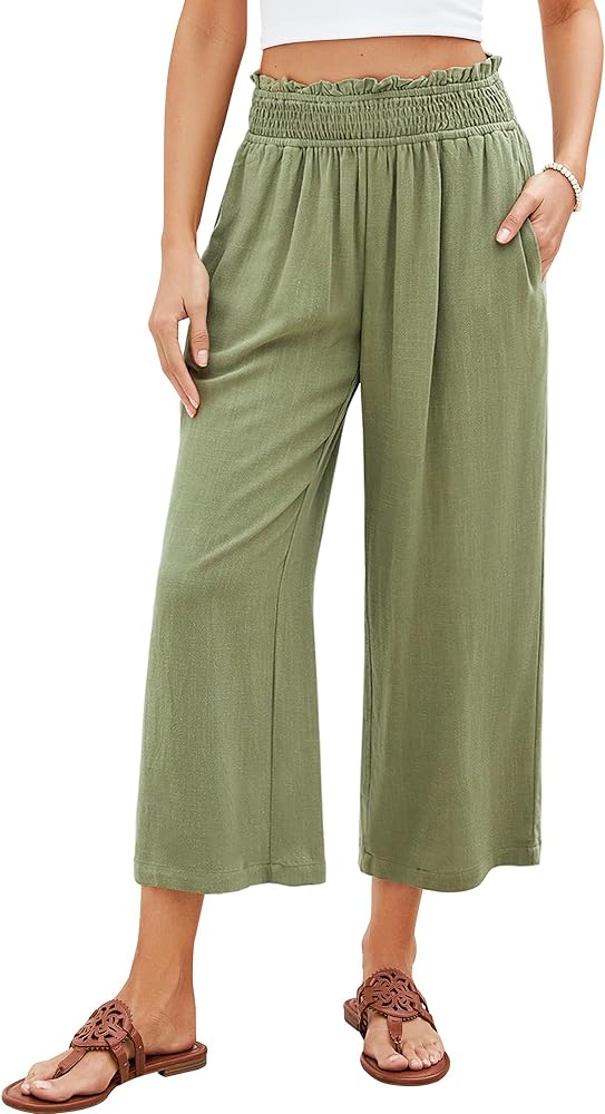 GRAPENT Capri Pants for Women High Waisted Wide Leg Linen Palazzo Trousers Pull On Elastic Smock Waist Loose Flowy Pants