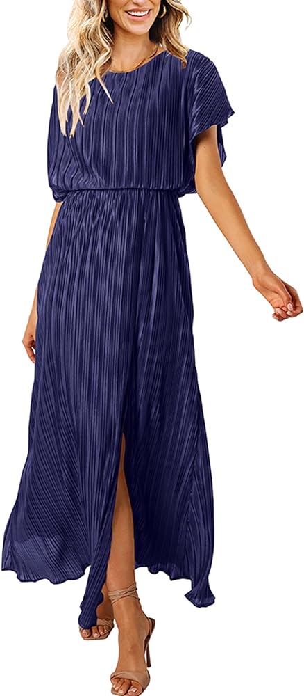 ECOWISH Womens Summer Maxi Dresses: Crew Neck Ruffle Cocktail Dress Sexy Pleated Slit Long Sundresses