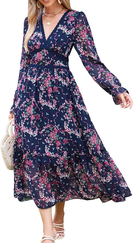 Women's V Neck Long Sleeve Wrap Maxi Dress A Line Empire Waist Fall Wedding Guest Party Casual Chiffon Dress