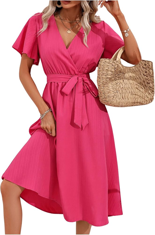 MakeMeChic Women's Butterfly Short Sleeve Belted Wrap Dress V Neck High Waist A Line Midi Dress