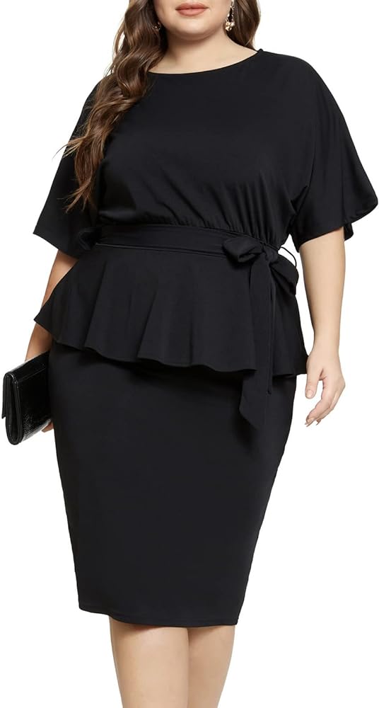 Hanna Nikole Women Plus Size Peplum Dress Church Wear to Work Bodycon Short Sleeve Midi Dresses